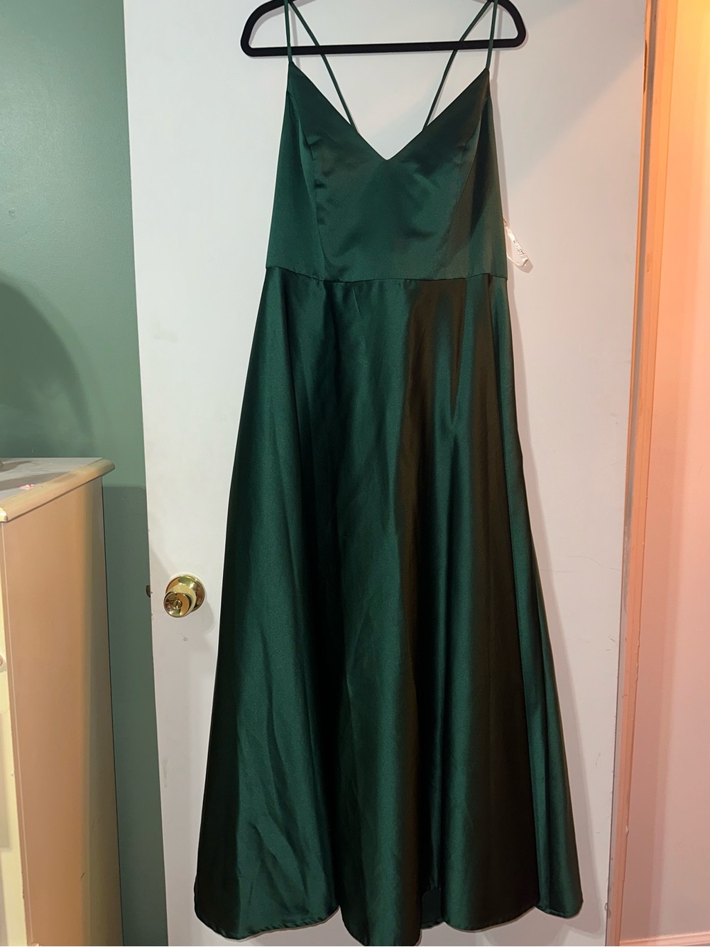 David's Bridal Dark Green Satin V-Neck Maxi Dress